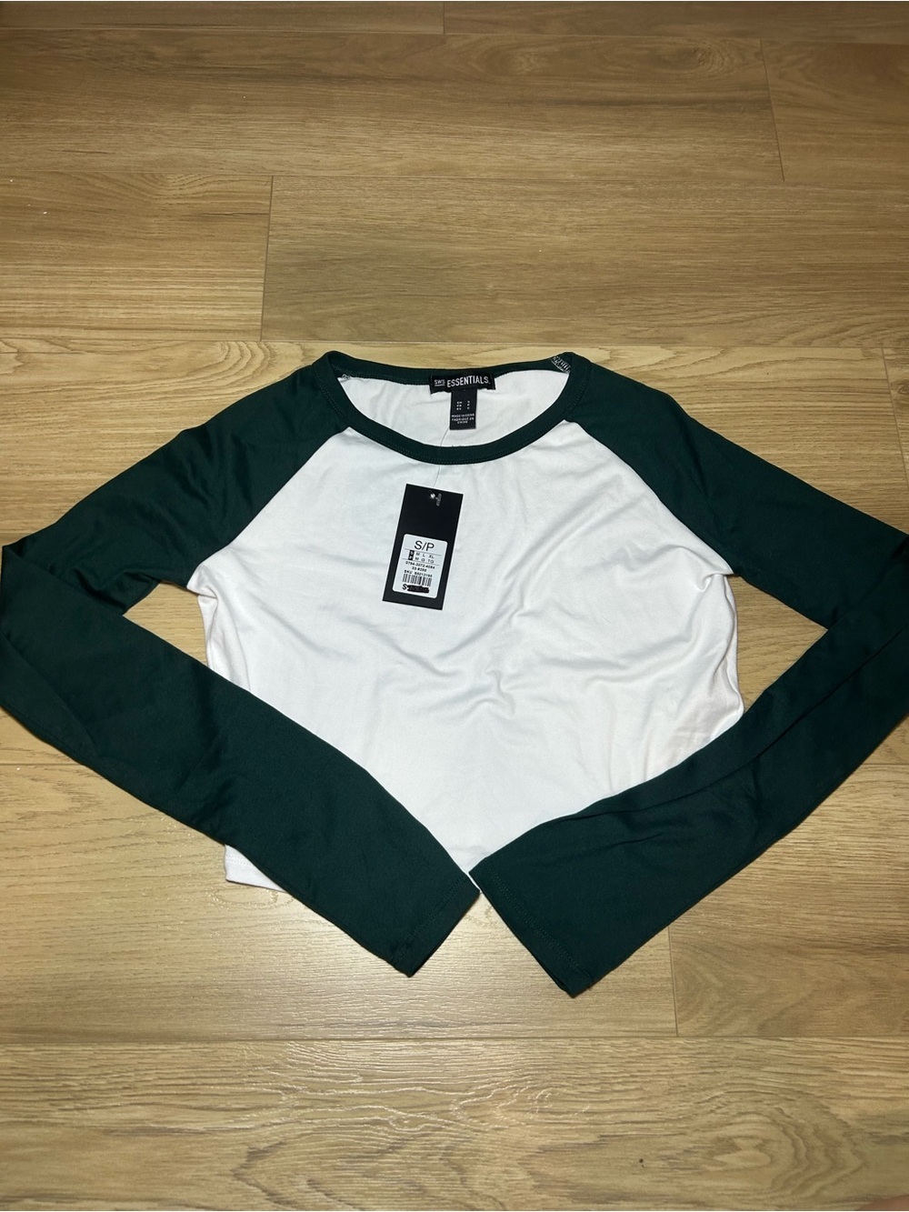 ESSENTIALS Women's Raglan Long Sleeve Top - Dark Green & White